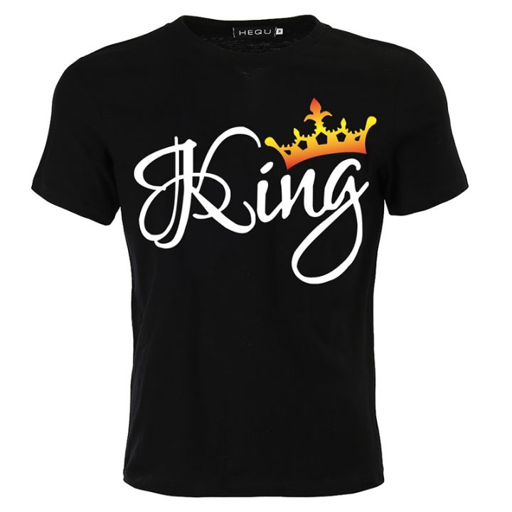 เสื้อยืดคู่แขน-king-เสื้อยืดคู่รักสีดำลำลองแบบพิมพ์ลายตัวอักษร-queen-crown-สำหรับผู้หญิงผู้ชาย-couple-t-shirt