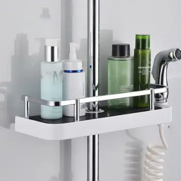 Matte Black Shower Pole Tray Storage Shelf Rack ABS Bathroom Shower Gel  Shampoo Holder With Shower