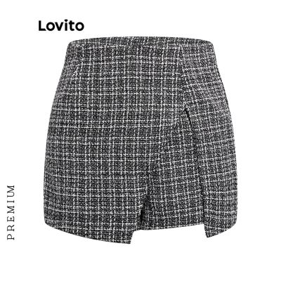 [ส่งของ]Lovito กางเกงขาสั้น ผ้าทวีต ลายสก็อต ผ่าหน้า ขนาดเล็ก สง่างาม L31AD085 (สีดํา)