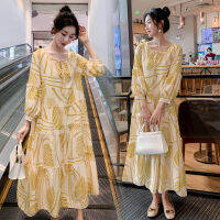 Long Loose Maternity Fashion Floral Dress Puff Sleeve O-Neck Ribbon High Waist Woman Beach Dress Holiday Clothes Yellow