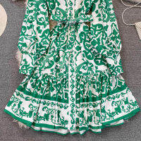 Spring retro palace style mid-length long-sleeved stand-up collar high-waisted slim single-breasted celadon printed a-line dress