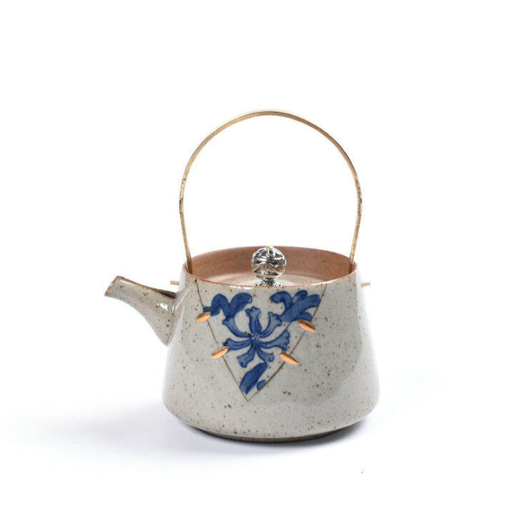 Teapot blue and white lifting beam pot antique copper handle handheld