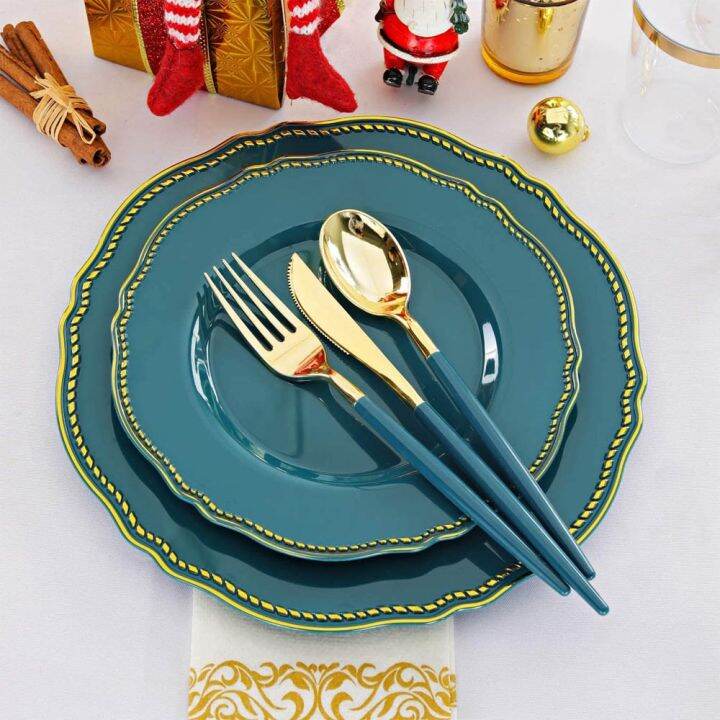 cw-70-disposable-tableware-plastic-plate-with-gold-rim-and-silverware-cup-napkin-set-wedding-supplies