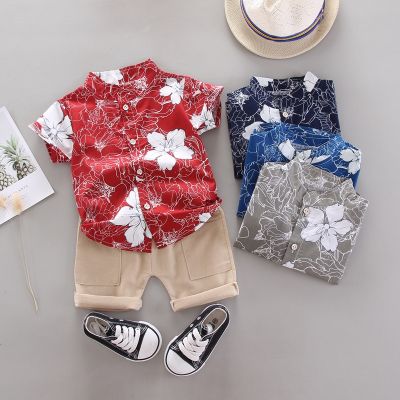 Kids short-sleeved suit baby boy print five-pointed star pattern shirt + shorts 2-piece suit age 0-4 boys shirt suit