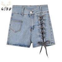 【CC】 Women  39;s Shorts Jeans Drawstring Lacing Waist Baggy Straight Fashion Cultivation Denim Hot Pants Ladies