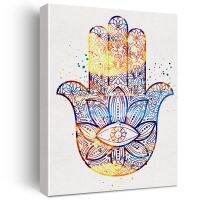 Hamsa มือมือ Kabbalah สีน้ำผืนผ้าใบภาพพิมพ์ศิลปะมือสำหรับของตกแต่งผนังบ้านกรอบงานศิลปะของขวัญงานขึ้นบ้านใหม่แต่งงาน (12X15)