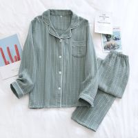 100% Cotton Gauze Couple Pajamas Light Crepe Long Sleeve Trousers Pajama Set Striped Lapel Lounge Wear 2 Piece Spring Sleepwear