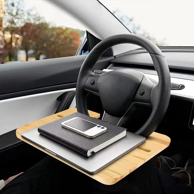 Computer desk, bamboo and double-sided car steering wheel tray, wooden  computer rack, beverage table, car-mounted wooden dining table