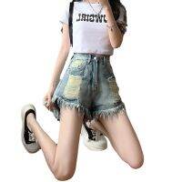 2023 NEW RUBBED VINTAGE RUBBED RUBBER EDGE DENIM Shorts Womens Summer Loose Fit Frayed High Waist A-line Hot Pants