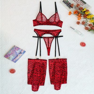 2023 Korean 4-Piece Leopard Mesh Lingerie Set Women Sexy Thong Underwear Set Red Garter Exotic Set With Stockings