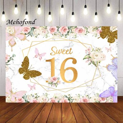 Mehofond Photography Background Pink Flowers Girl 39;s Sweet 16th Birthday Party Sixteen Butterfly Decoration Backdrop Photo Studio