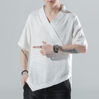 、’】【= New Chinese Style Mens Tang Suit Traditional Clothes Casual T-Shirt Ethnic Mid-Sleeve Vintage Top Hanfu Men Linen Clothing