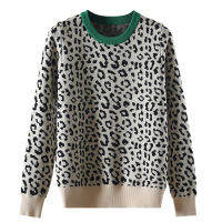 Autumn Winter Women Sweaters Leopard Knitted Pullovers Long Sleeve Contrast Color Crewneck Jumpers Sweter Mujer C- 026