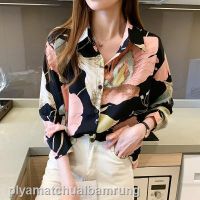 COD ﹉Autumn long-sleeved womens blouse, chiffon western style small shirt, age reduction printing shirt