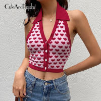 Vintage Heart Print Cute Halter Tops Women V-neck Kawaii Harajuku Camisole Summer Backless Cardigans Shirts Cuteandpsycho