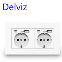 ซ็อกเก็ต USB Delviz Type C ซ็อกเก็ตคู่ AC 110V-250V 16A 5V 2100mA พร้อมพอร์ต usb แผง 146 มม. * 86 มม. เต้าเสียบปลั๊กไฟติดผนังมาตรฐานของสหภาพยุโรป⊕