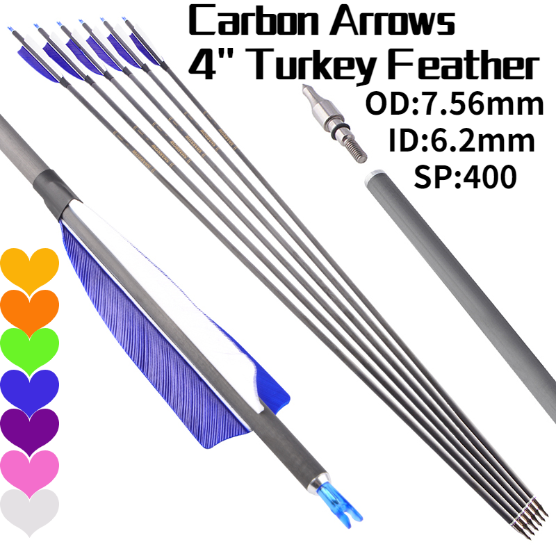Turkey Feather Carbon Arrows Spine 400 for Recurve Bow Hunting Shooting 12pcs 
