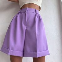 High Waist Shorts Summer 2023 Womens Fashion New Solid Button Fly Wide Leg Pants Purple Green Casual Loose Womens Shorts