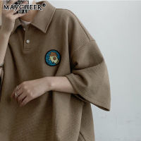 MAYCHEER เสื้อยืดผู้ชายแขนสั้นทรงวาฟเฟิล,เสื้อผ้าคู่รักวัยรุ่นเสื้อ5ส่วนสไตล์ฮ่องกงปักลายแบรนด์ดังสำหรับฤดูร้อน