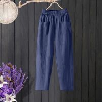 【มีไซส์ใหญ่】Plus Size L-4XL Womens Elastic Waist Spring Summer Cotton&amp;Linen Pants Solid Color Vintage Pants with Big Pockets