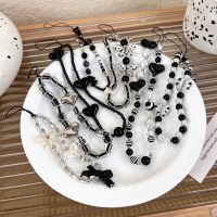 Black Beaded Mobile Phone Chain Pearl Beaded Love Mobile Phone Charm Lanyard Short Hand Rope Anti-fall Mobile Phone Pendant