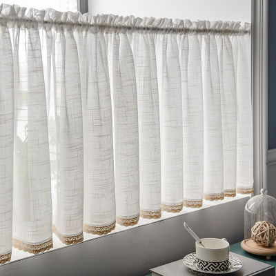 Linen Lace Kitchen Window Curtain Valance Rod Pocket Privacy Semi Sheer Elegant Half Curtains Treatment for Bathroom Cafe TJ6431