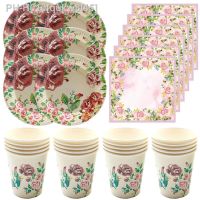 Vintage Rose Floral Tea Birthday Party Tableware Pink Flower Paper Plates Napkins Cups Wedding Bridal Baby Shower Mothers Day