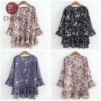 COD dhdfxcz ENO Blause Women Muslimah Blaus Wanita Plus Saiz Fashion Blouse Kembang Loose Ladies Baju Floral Casual Loose Flare