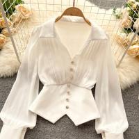 Spot parcel post Design Sense Niche Pleated V Collar Long Sleeve Shirt Women French Style Temperament Irregular Hem Puff Sleeve Chic Top