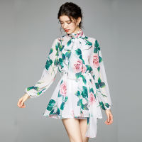 Autumn Runway Rose Floral Mini Dresses Women Charming Flower Print Chiffon Holiday Bow Tie Collar Long Sleeve Dresses With Belt