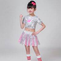 ■☃ Children Jazz Dance Clothes Cheerleading Stage Performing Costumes Shiny Sequins Top With Skirt Striped Socks Dance Wear Set