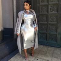 【YF】 BKLD Fashion Gold Silver Bodycon Sexy Cocktail Party Dresses Elegant Womens Slim Fit Long Sleeve Metallic Holographic Midi Dress