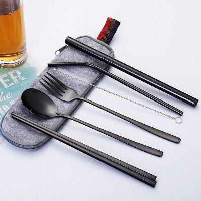 7Pcs Stainless Steel Travel Flatware Sets Spoon Fork Chopsticks Utensils Reusable Portable Cutlery Camping Tableware Supplies Flatware Sets