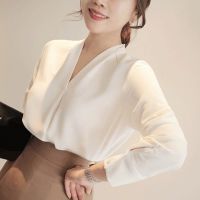 Elegant Women Office OL V-neck Chiffon White Long Sleeve Blouse