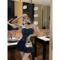 ซินเบ Rose Split Cup Hot Girl กางเกงยีนส์ท่อนบนออกแบบกางเกงกระโปรงบริสุทธิ์ชุดสองชิ้น