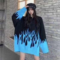 Harajuku style ins high street flame jacquard loose Pullover female student knitted sweater