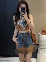 เสื้อผ้าแฟชั่นสำหรับสุภาพสตรี Pure to wind the spice girls 2023 suits female new show thin vest top western style denim skirts two-piece