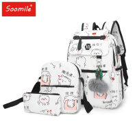 Soomile 2021 USB Charging Canvas Backpack 3 Pcsset Women School Backpacks Schoolbag For Teenagers Man Student Book Bag Boys Sat