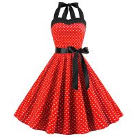 ❉☞ Sexy Retro Red Polka Dot Dress Audrey Hepburn Vintage Halter Dress 50s 60s Gothic Pin Up Rockabilly Dress Robe