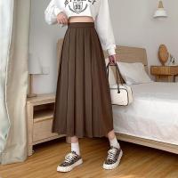 HOUZHOU Vintage Brown Pleated Long Skirts Autumn  Women Korean Fashion High Waist Black Elegant A-line Midi Skirt for Girls