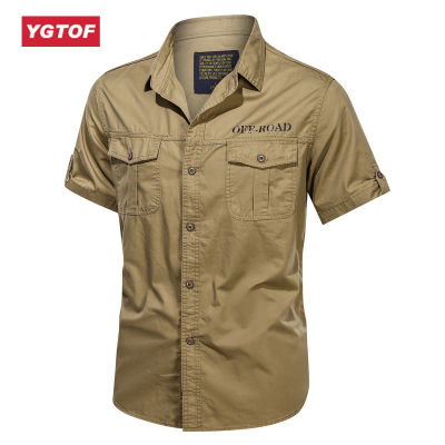 YGTOF เสื้อผ้าฝ้ายลายทหาร100% ผู้ชาย,เสื้อทำงานเข้ารูปเดรสแขนสั้นลำลองเสื้อเชิ้ตฤดูร้อนสีทึบทันสมัย4XL หน้าอกมีกระเป๋า
