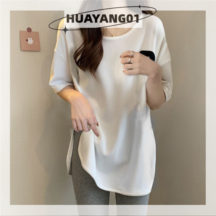 huayang01เสื้อยืดแบบหลวมลำลองแขนยาวลายเสื้อผู้หญิงคอกลมเสื้อยืดลายปักตัวอักษรแฟชั่นสุดฮิต2023