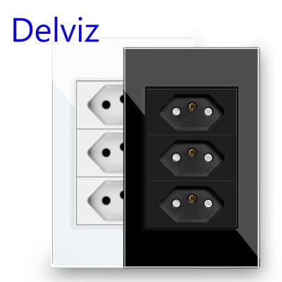 Delviz Brazil Standard Socket  120mm*72mm Crystal Glass Panel White/Black AC 110V~250V  3gangs 3 Pins hole 10A Power Wall Outlet