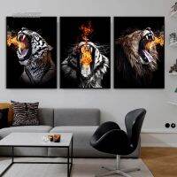 Fiery Wild Tiger และ Lion Canvas Artwork, High Definition Prints Of Roaring Animals, Dramatic Wall Mural For Home Decor,น่ารักและทรงพลังภาพ