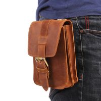 Crazy Horse Leather Men Waist Bag Travel Fanny Pack Hip Bum Bag Male Phone Pouch