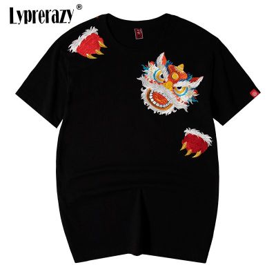 Lyprerazy Summer New Short-sleeved T-shirt Mens Round Neck Chinese Style National Tide Wake Lion Embroidery Cotton Tee