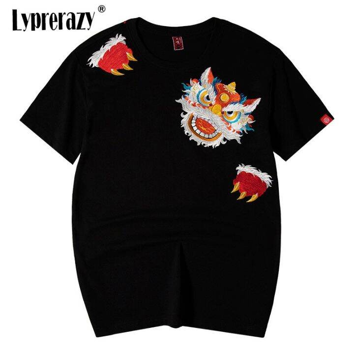 lyprerazy-summer-new-short-sleeved-t-shirt-mens-round-neck-chinese-style-national-tide-wake-lion-embroidery-cotton-tee