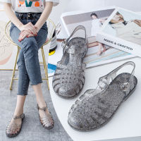 【Fast Shipping】Flat bottomed hollowed out casual jelly rain shoes, sparkling crystal plastic shoes, buckle fashion Roman sandals