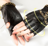 2Pcs Women Genuine Leather Half Gloves Metal Chain Skull Punk Motorcycle Biker Fingerless Glove Cool Touch Screen Gloves C1