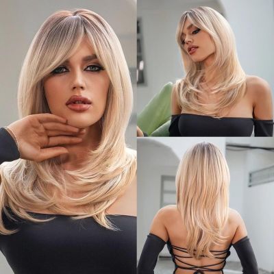 Synthetic Wigs for Women Layered Brown Blonde Ombre Wigs with Bangs Blonde Highlight Cosplay Wig Heat Resistant
